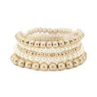 Set of 5 Stacking Metallic And Simulated Pearl Bead Stretch Bracelets, 2.5" Matte Gold Tone Set