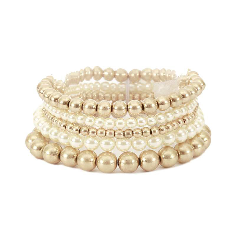 Set of 5 Stacking Metallic And Simulated Pearl Bead Stretch Bracelets, 2.5" Matte Gold Tone Set