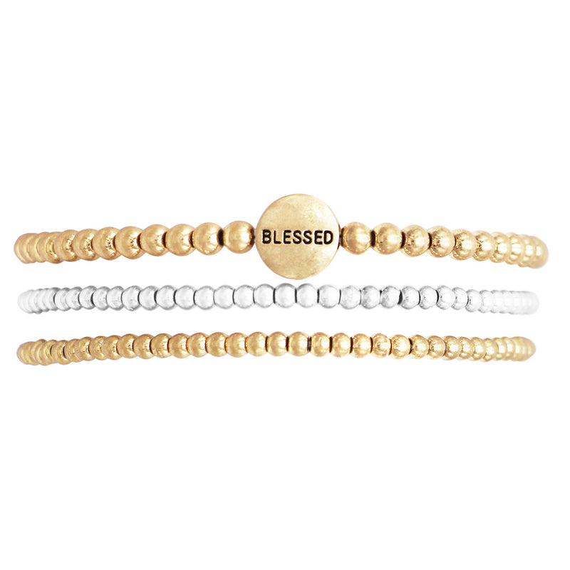 Women's Blessed Inspirational Two Tone Stretch Set of 3 Bracelet Set 2.25"