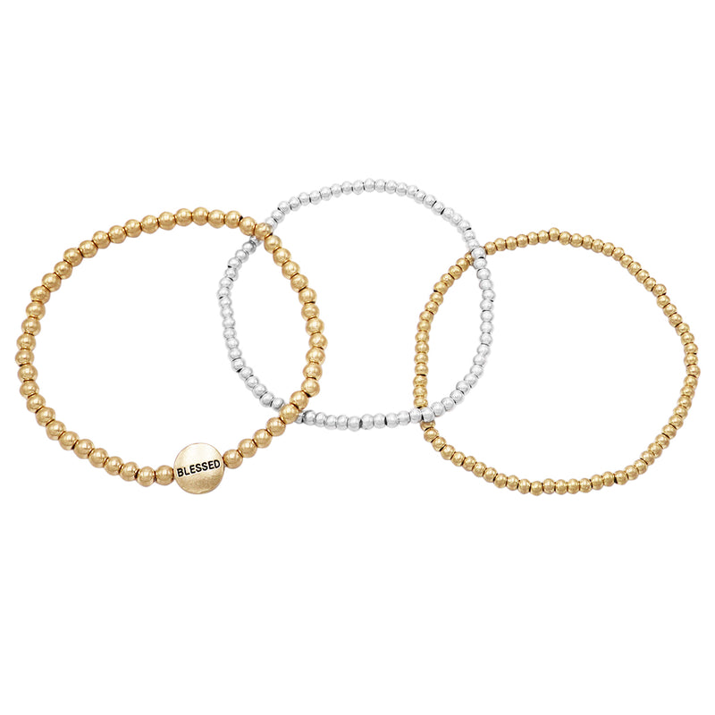 Women's Blessed Inspirational Comfortable Two Tone Stacking Stretch Bracelet Set of 3, 2.25"