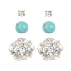 Stunning Silver Tone Metal Flower Turquoise Ball Crystal Stud Post Earrings Set Of 3