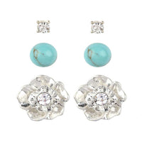 Stunning Silver Tone Metal Flower Turquoise Ball Crystal Stud Post Earrings Set Of 3