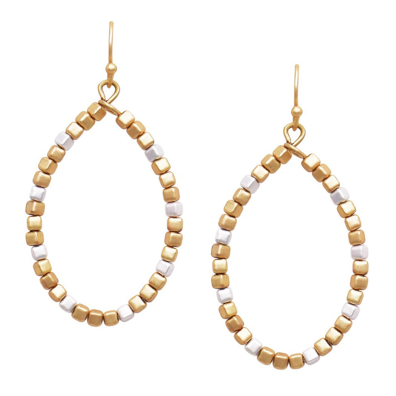 Two Tone Chunky Nugget Bead Wire Hoop Dangle Earrings, 2"