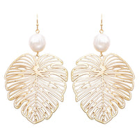 Women's Statement Gold Tone Filigree Leaf With Fresh Water Pearl Dangle Earrings, 3"