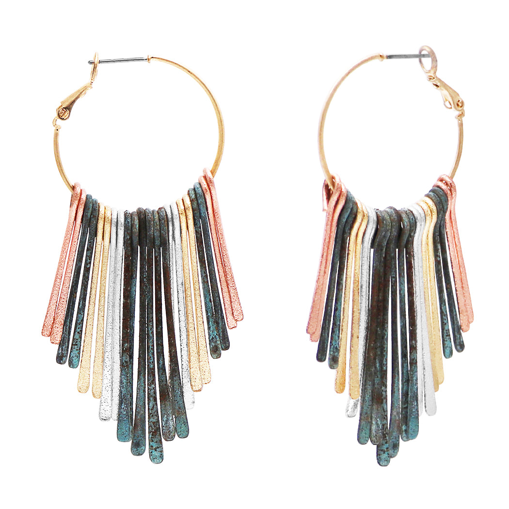 Open Hoop with Textured Metal Bar Fringe Dangle Statement Earring, 3" (Multi-Tone Copper Silver Gold Patina)