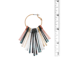 Open Hoop with Textured Metal Bar Fringe Dangle Statement Earring, 3" (Multi-Tone Copper Silver Gold Patina)