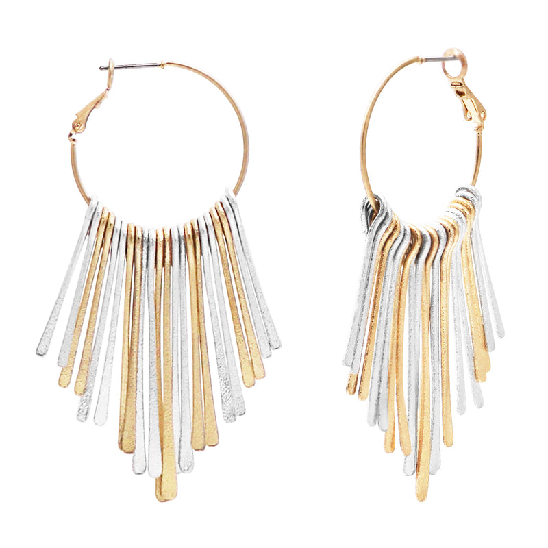 Open Hoop with Textured Metal Bar Fringe Dangle Statement Earring, 3" (Two-Tone Gold Silver)