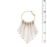 Open Hoop with Textured Metal Bar Fringe Dangle Statement Earring, 3" (Two-Tone Gold Silver)