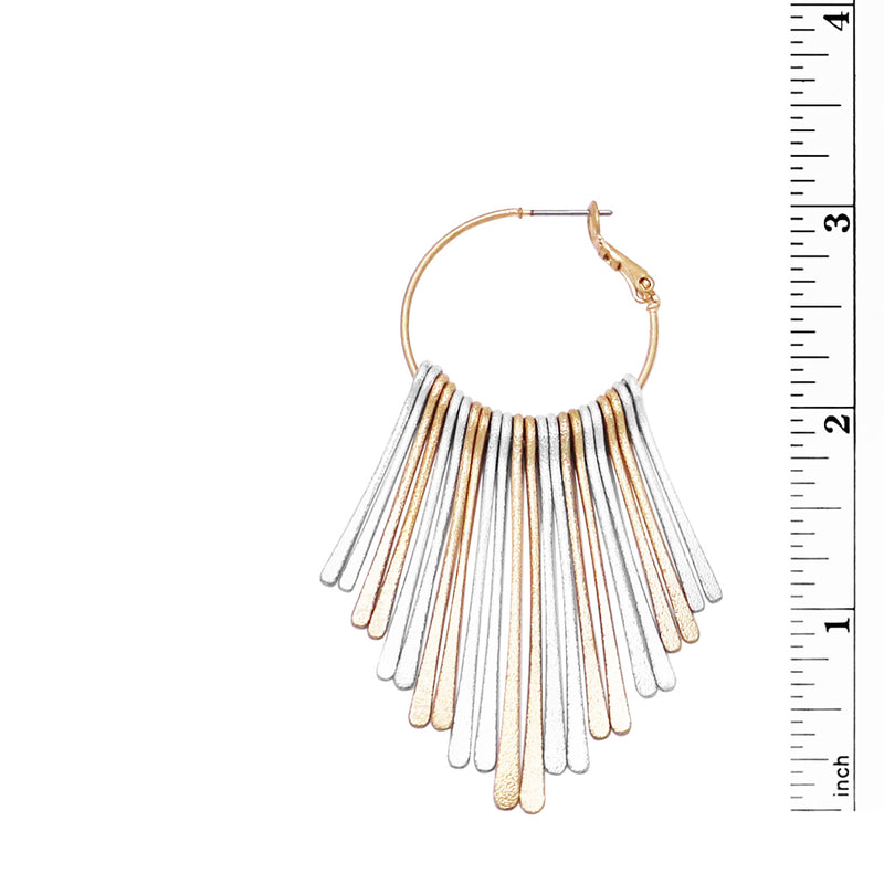 Open Hoop with Textured Metal Bar Fringe Dangle Statement Earring, 3" (Two-Tone Gold Silver)