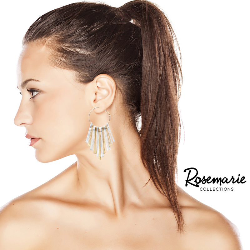 Open Hoop with Textured Metal Bar Fringe Dangle Statement Earring, 3" (Two-Tone Gold Silver)