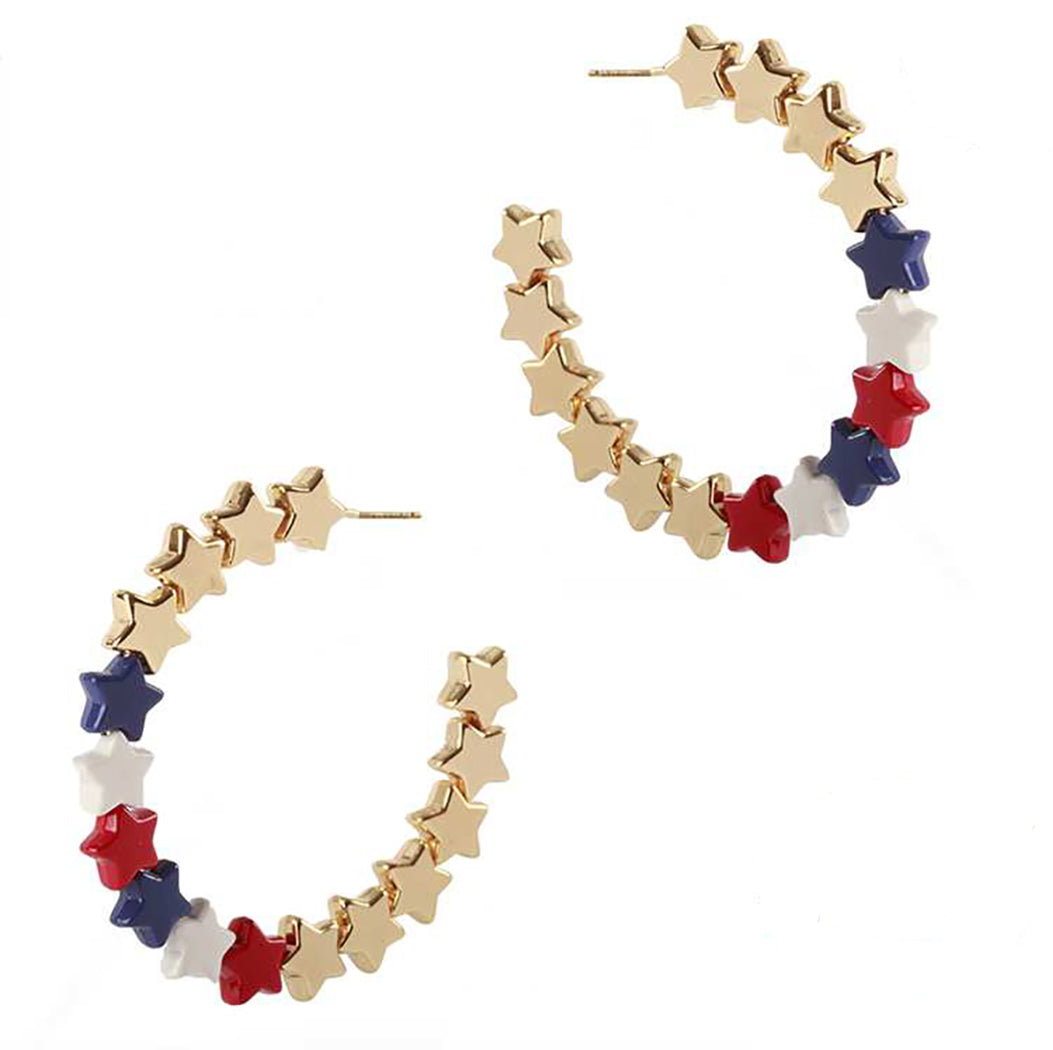 July 4th Patriotic USA Red White Blue And Gold Star Bead Side Silhouette Hoop Earrings, 2.25"