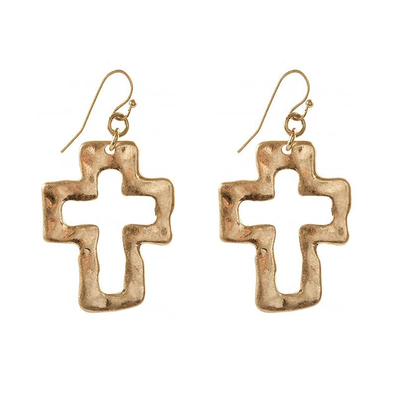 Chic Western Style Matte Finish Hammered Metal Cross Religious Dangle Earrings, 1.75" (Outlined Matte Gold Tone)