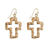 Chic Western Style Matte Finish Hammered Metal Cross Religious Dangle Earrings, 1.75" (Outlined Matte Gold Tone)
