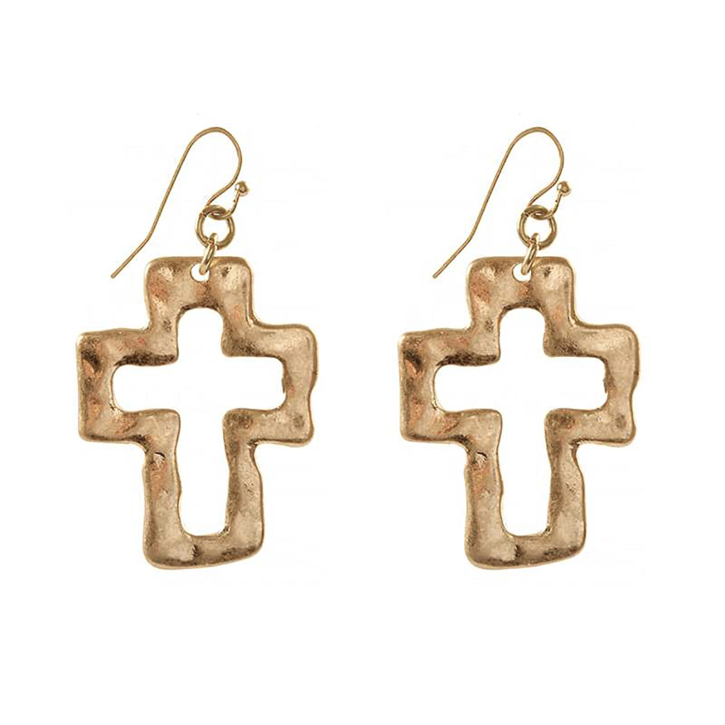 Chic Western Style Matte Finish Hammered Metal Cross Religious Dangle Earrings, 1.75" (Outlined Matte Gold Tone)