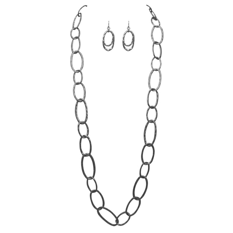 Long Hammered Links Statement Necklace and Earrings Gift Set (Hematite Tone)