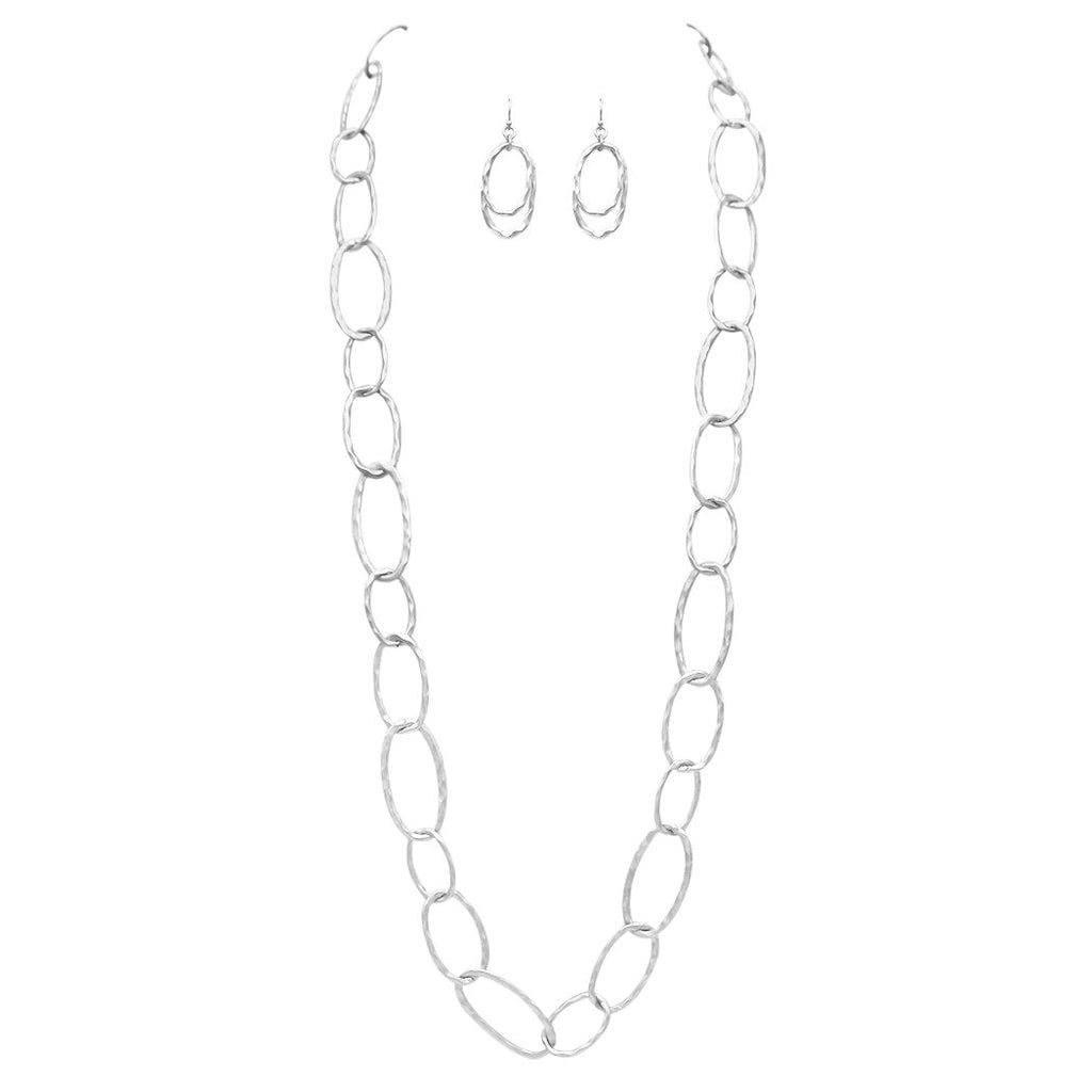 Contemporary Hammered Links Statement Necklace and Earrings Set (Matte Silver Tone)