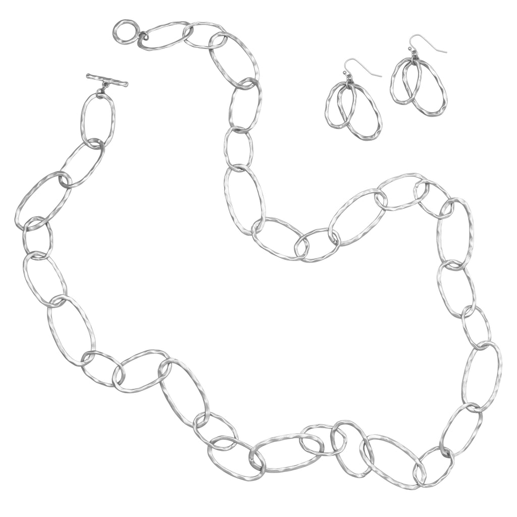 Contemporary Hammered Links Statement Necklace and Earrings Set (Matte Silver Tone)