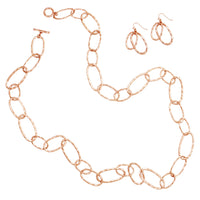 Long Hammered Links Statement Necklace and Earrings Gift Set (Rose Gold Tone)