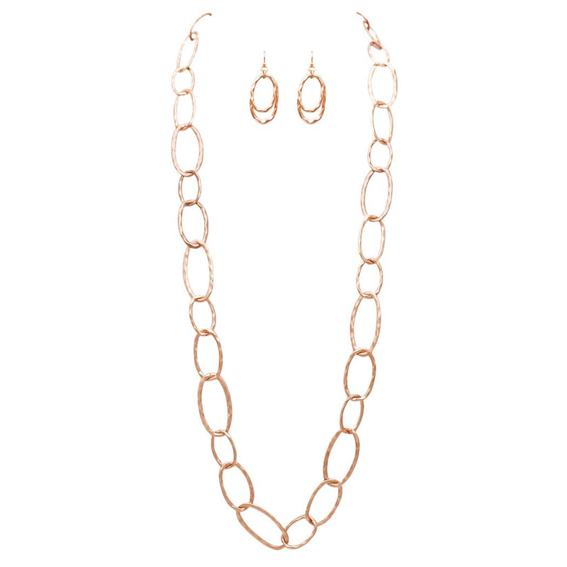 Long Hammered Links Statement Necklace and Earrings Gift Set (Rose Gold Tone)