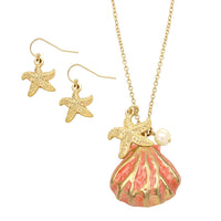 Women's Starfish and Sea Shell "Beach Babe"Necklace and Earring Gold Tone and Coral Color Fashion Jewelry Set , 30" with 3" Extender