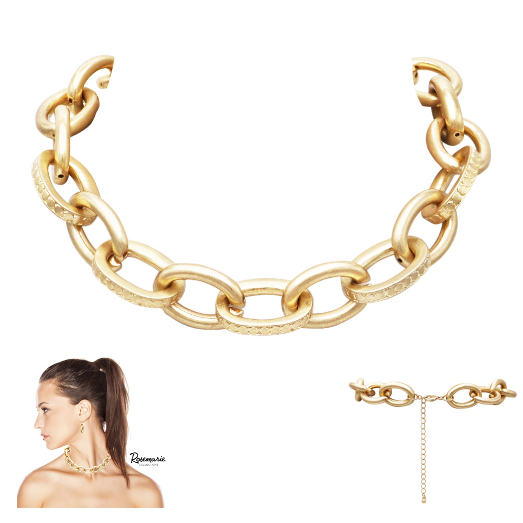 Matte Chunky Oblong Textured Links Chain Choker Necklace Earrings Set, 13"-16" with 3" Extender