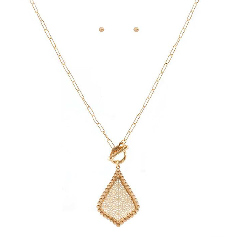 Stunning Gold Tone Oblong Links Chain Filigree Charm Pendant Toggle Clasp Necklace Post Earring Set, 18"
