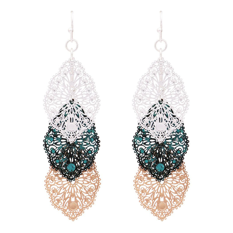 Women's Metal Tri-Tone Baroque Filigree Long Dangle Earrings, 2.75"