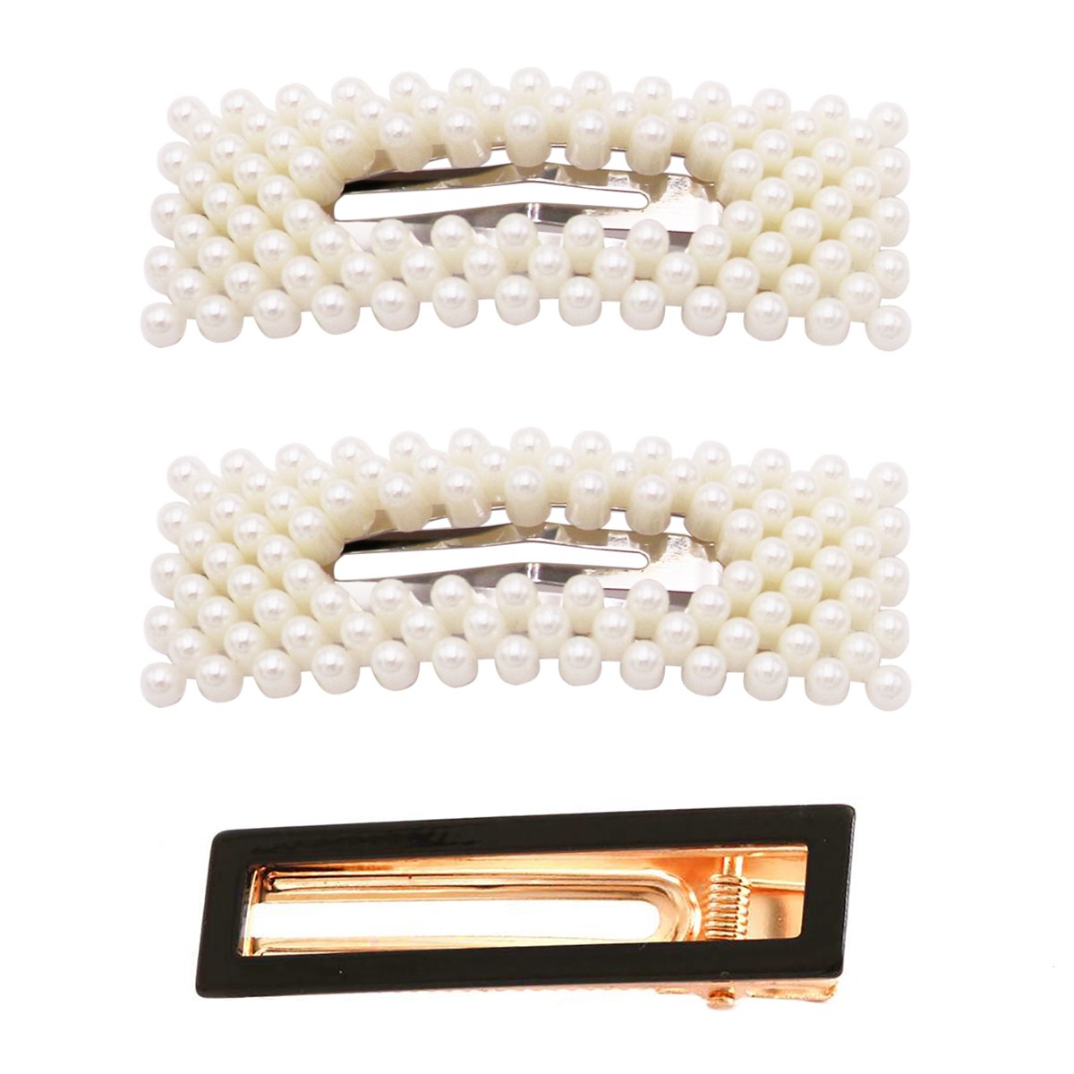 Rosemarie Collections LLC Set of 3 Acetate and Simulated Pearl Hair Clip Bobby Pins Snap Hair Barrette Accessories (Black and Silver Tone Pearls)