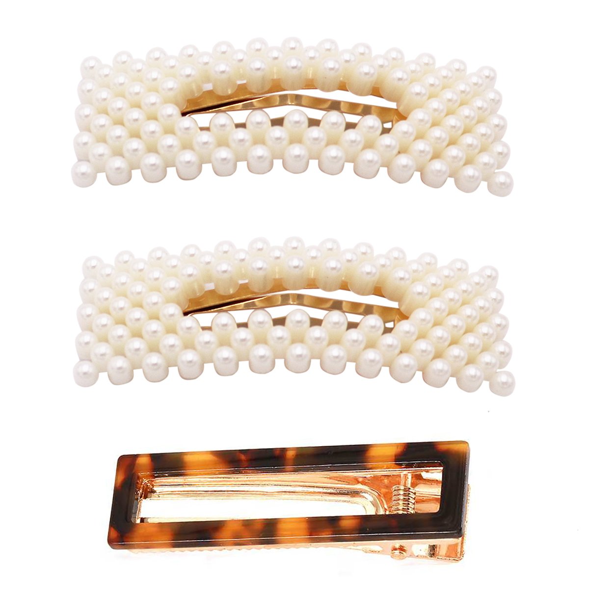 Set of 3 Acetate and Simulated Pearl Hair Clip Bobby Pins Snap Hair Barrette Accessories (Tortoise and Gold Tone Pearls)