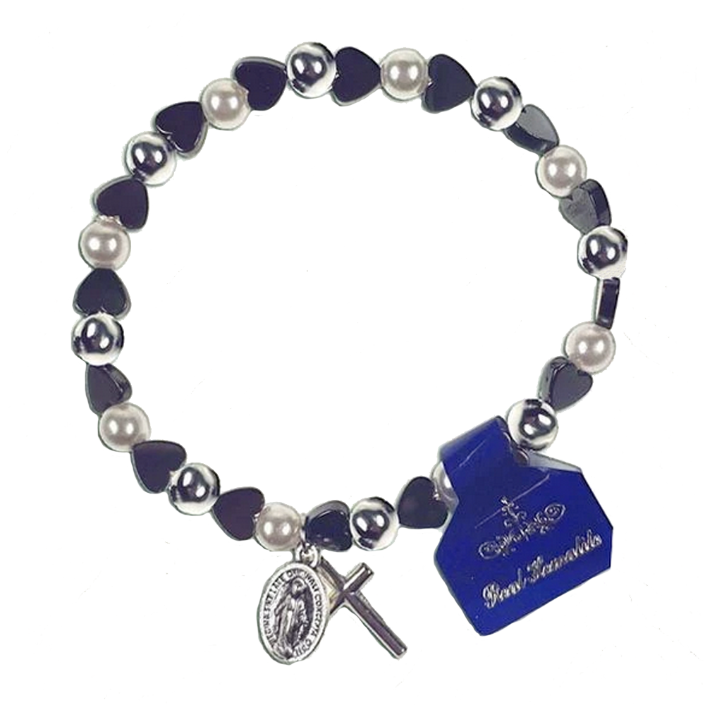 Hematite Color Heart Shaped Beads and Imitation Pearl Stretch Bracelet