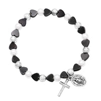 Hematite Color Heart Shaped Beads and Imitation Pearl Stretch Bracelet