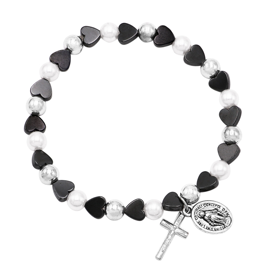 Hematite Color Heart Shaped Beads and Imitation Pearl Stretch Bracelet