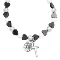 Hematite Color Heart Shaped Beads and Imitation Pearl Stretch Bracelet
