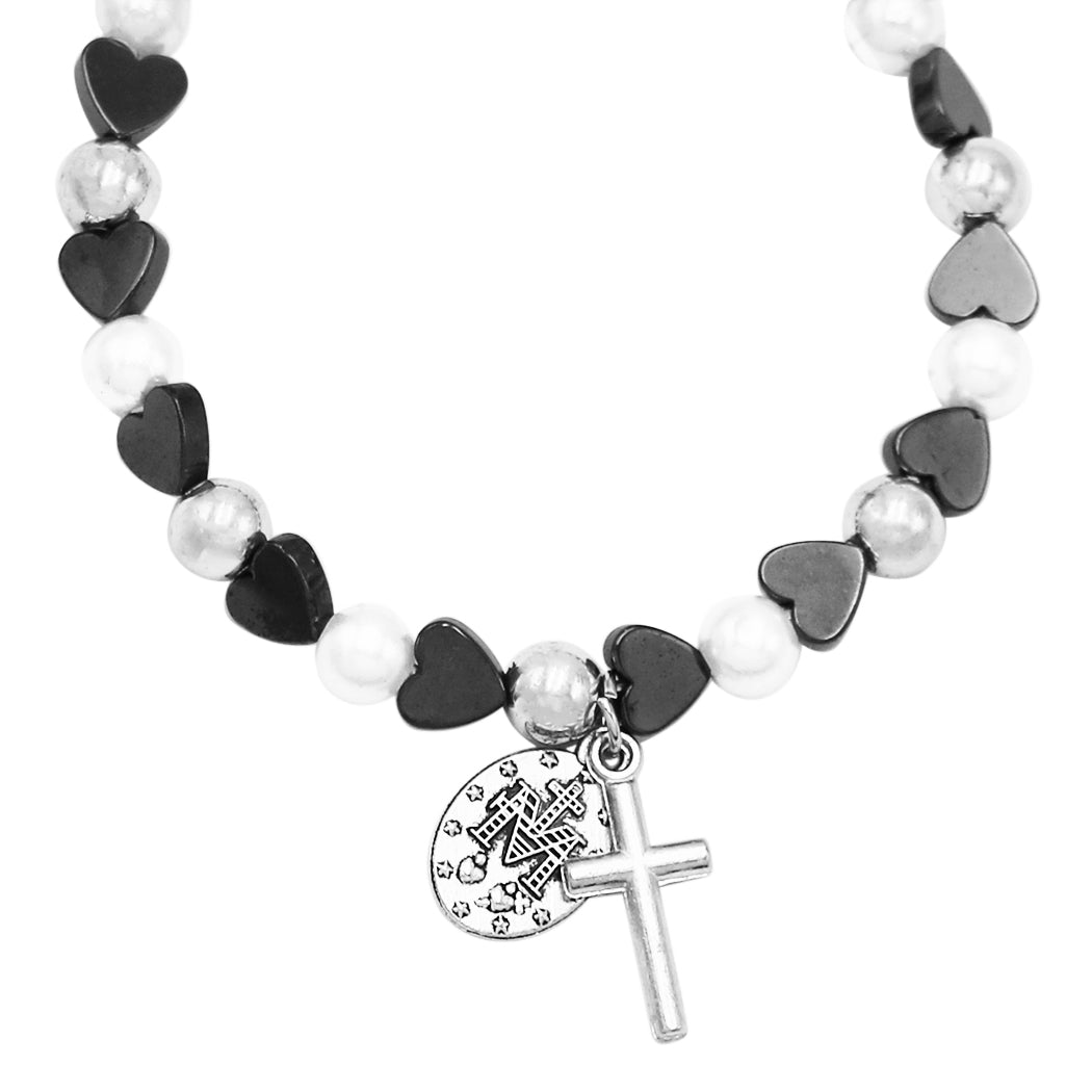Hematite Color Heart Shaped Beads and Imitation Pearl Stretch Bracelet