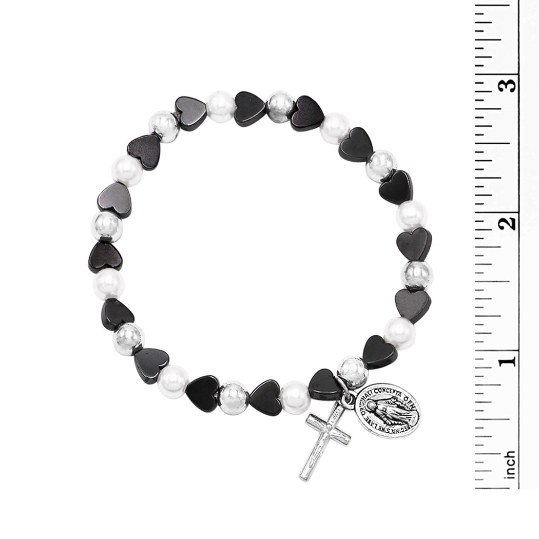 Hematite Color Heart Shaped Beads and Imitation Pearl Stretch Bracelet