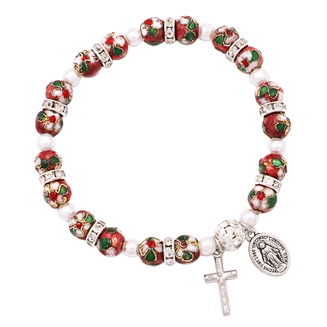 CloisonnÃƒÂ© Beaded Stretch Rosary Bracelet with Crucifix and Miraculous Medal (Rose)