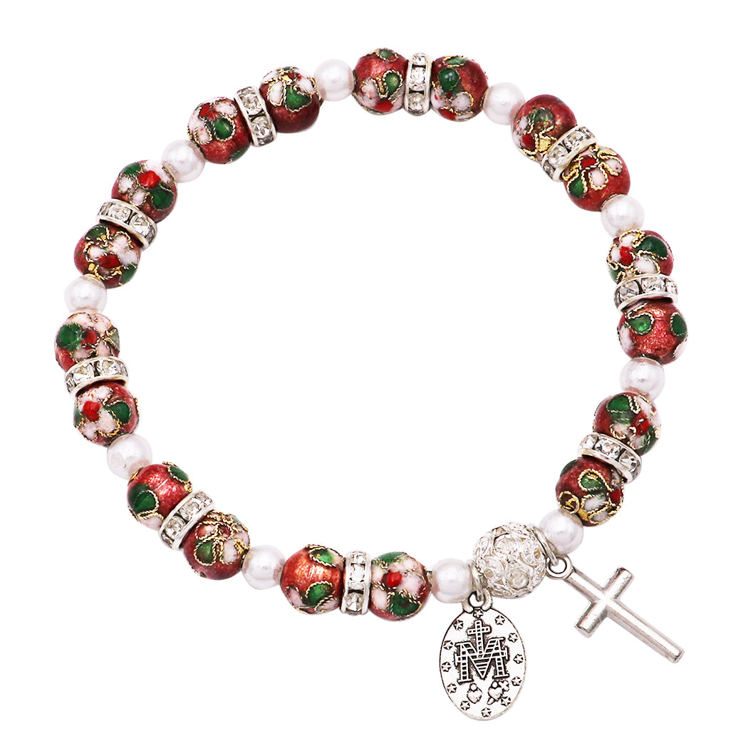 CloisonnÃƒÂ© Beaded Stretch Rosary Bracelet with Crucifix and Miraculous Medal (Rose)
