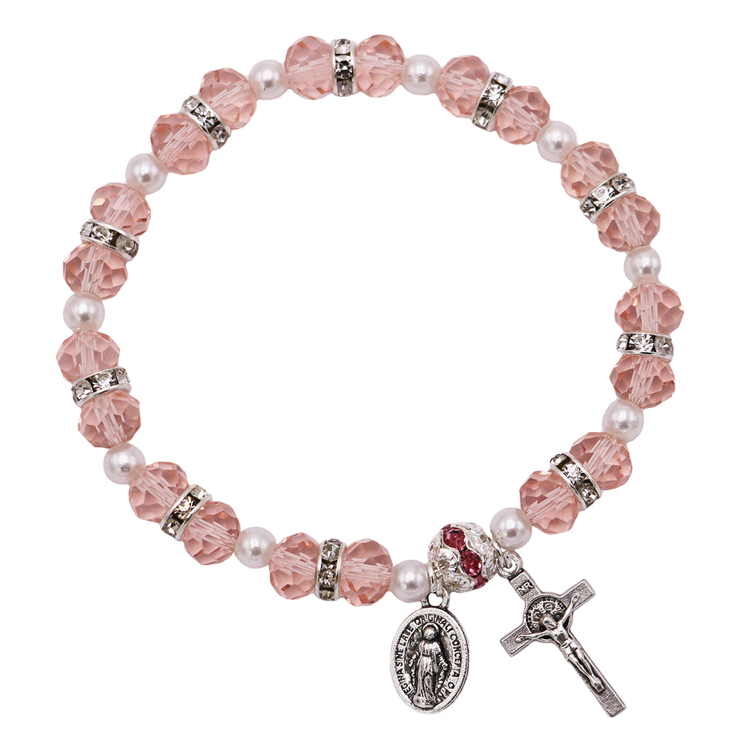Beaded Stretch Rosary Bracelet with Crucifix and Miraculous Medal (Pink)