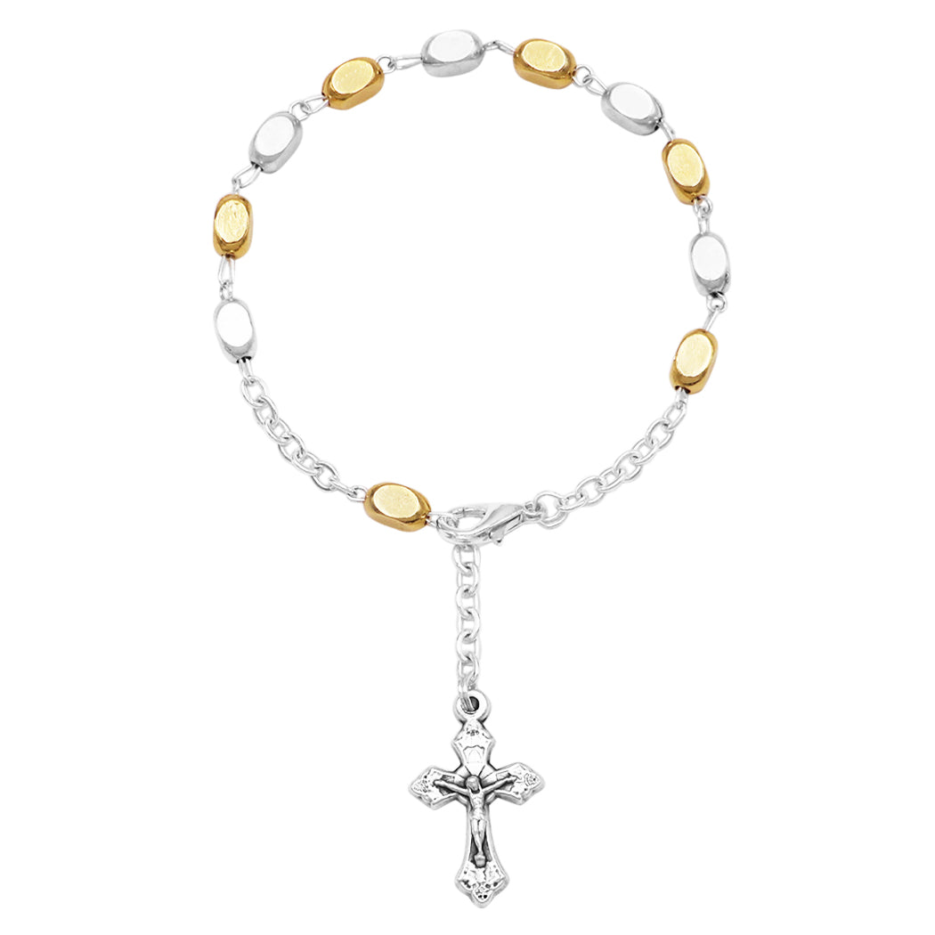 Contemporary Two Tone Rosary Bracelet with Crucifix Medal, 6.75"-7.5"