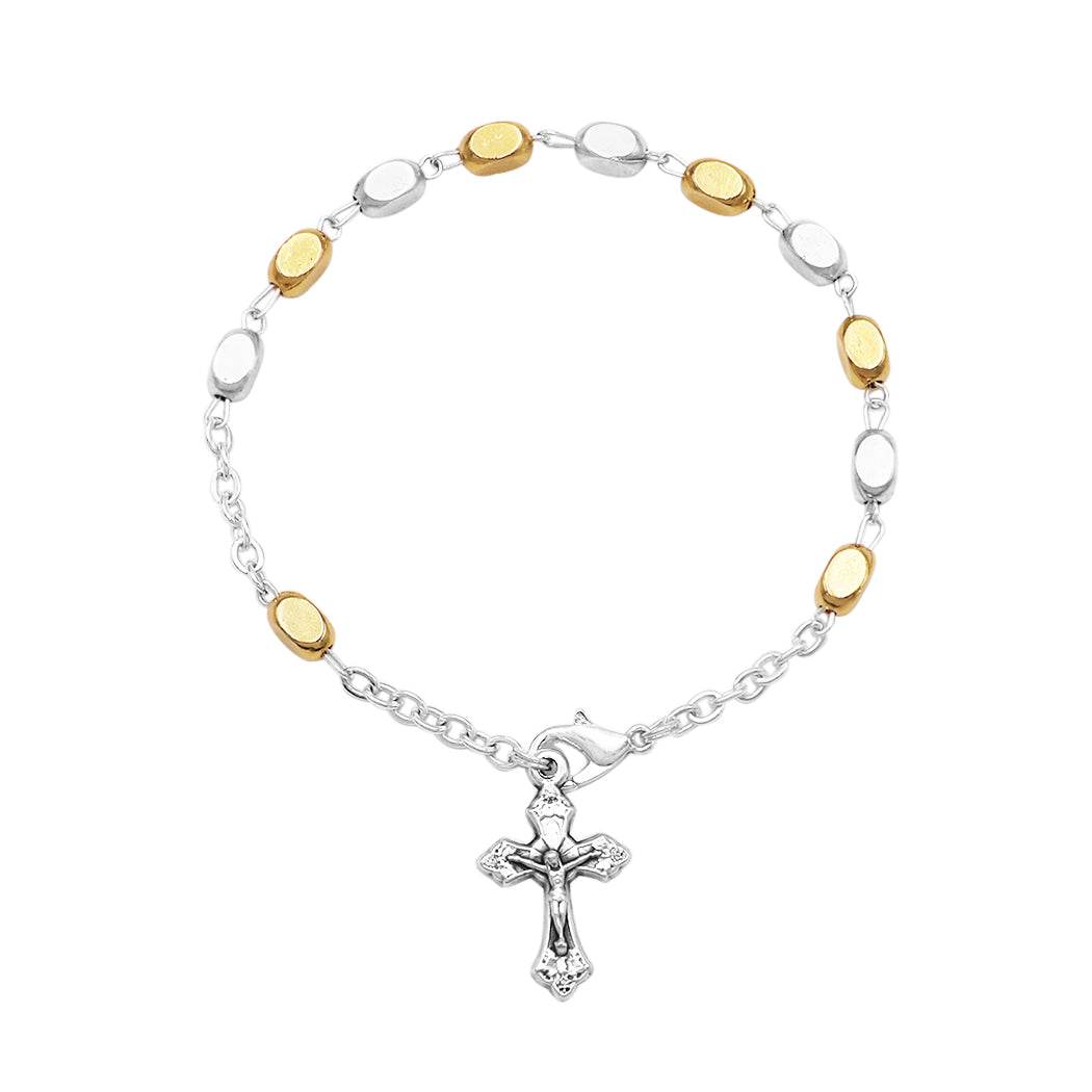 Contemporary Two Tone Rosary Bracelet with Crucifix Medal, 6.75"-7.5"
