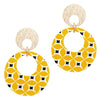 New Trending Fashion Print Yellow Wood Hoop Dangle Post Earrings 2 Inches