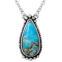 Chic Western Style Natural Howlite Teardrop Pendant Necklace, 18"+3" Extender (Turquoise Blue With Rustic Brown Veining)