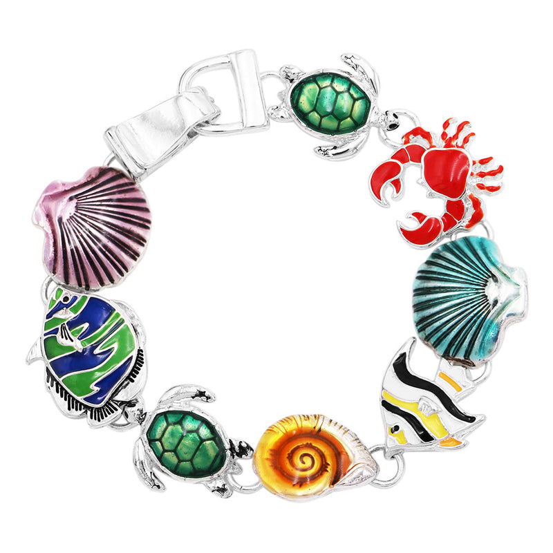 Colorful Enamel Magnetic Clasp Bracelet, 7.5" (Turtles Fish Seashells)