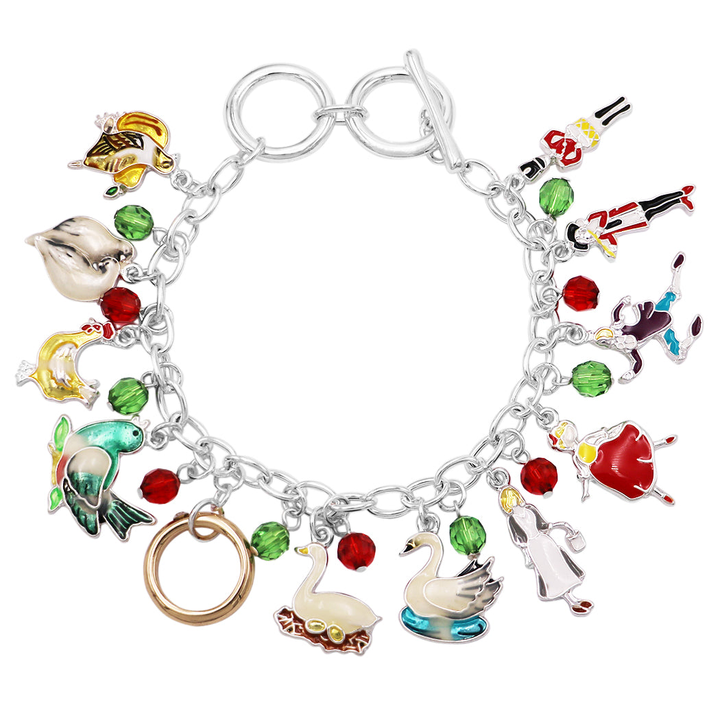 Stylish 12 Days of Christmas with Enamel Holiday Charms and Faceted Red and Green Crystals on Silver Tone Toggle Clasp Link Bracelet, 7-8.5