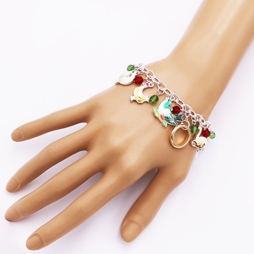 Stylish 12 Days of Christmas with Enamel Holiday Charms and Faceted Red and Green Crystals on Silver Tone Toggle Clasp Link Bracelet, 7-8.5