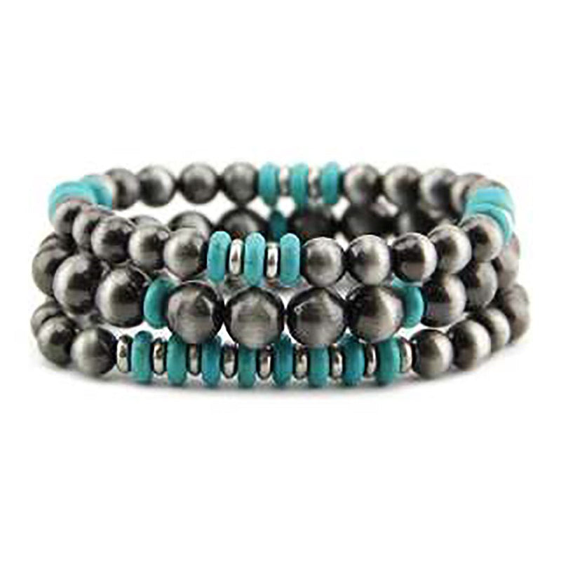 Set of 3 Western Metallic Bead And Turquoise Howlite Stretch Bracelets, 2.5"