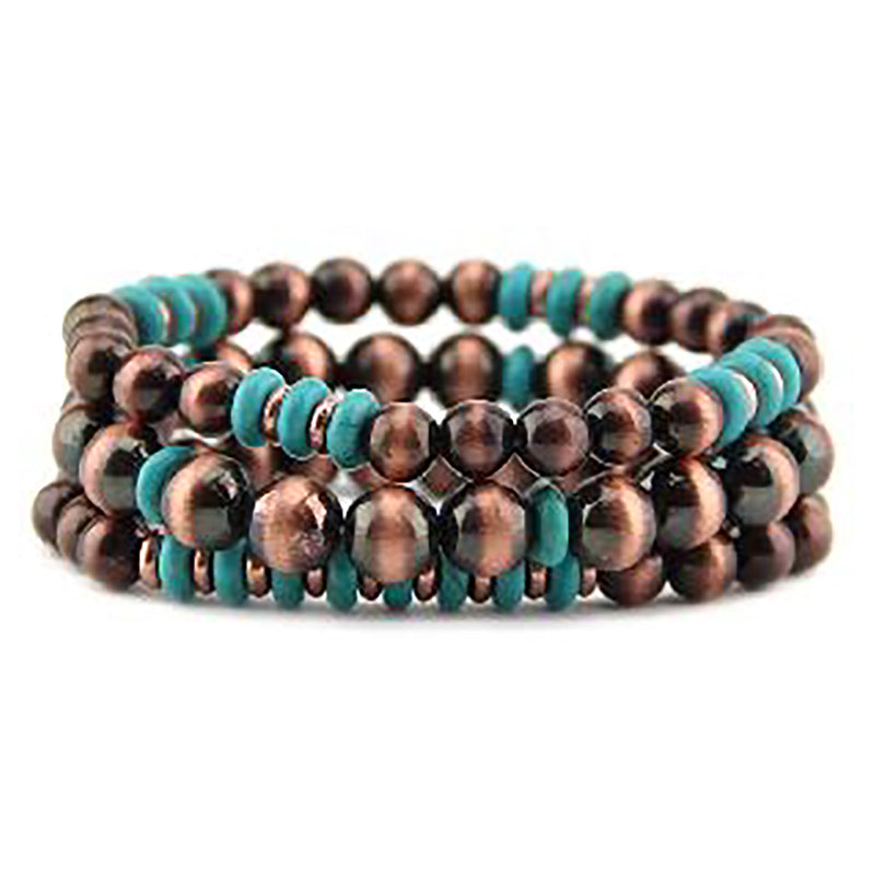 Set of 3 Western Metallic Bead And Howlite Stone Stretch Bracelets, 2.5" (Metallic Copper With Turquoise Beads)