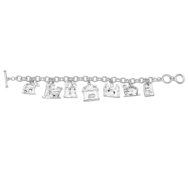 Christmas Manger Religious Nativity Scene Enamel Charms Holiday Toggle Clasp Bracelet, 7"-8.5"