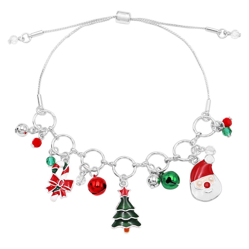 Colorful Enamel Christmas Holiday Charms and Bells Bolo Slide Style Adjustable Bracelet