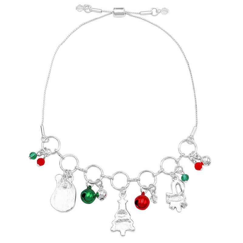 Colorful Enamel Christmas Holiday Charms and Bells Bolo Slide Style Adjustable Bracelet